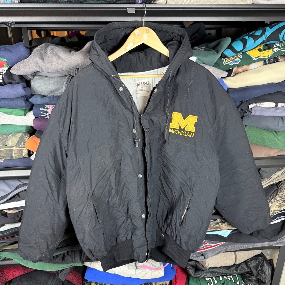 vtg 80's DeLONG Michigan Wolverines Hooded puffer Jacket Mens‎ XL Black Spellout